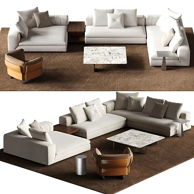Modern White Sofa and Marble Coffee Table Set with Brown Armchair in Living Room 3d model
