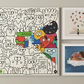 Colorful Abstract Wall Art With Cartoon Characters And Framed Decorative Paintings