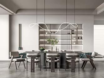 Modern Restaurant Dining Table and Chair Combination Chandelier Book Decoration Combination 3d model