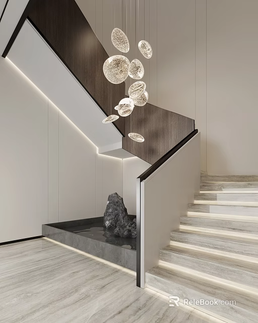 Modern Minimalist Staircase Design With Marble Steps Decorative Stone And Pendant Lights 3d model 