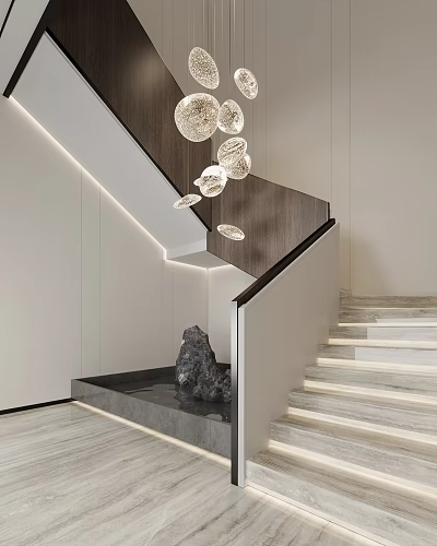 Modern Minimalist Staircase Design With Marble Steps Decorative Stone And Pendant Lights 3d model