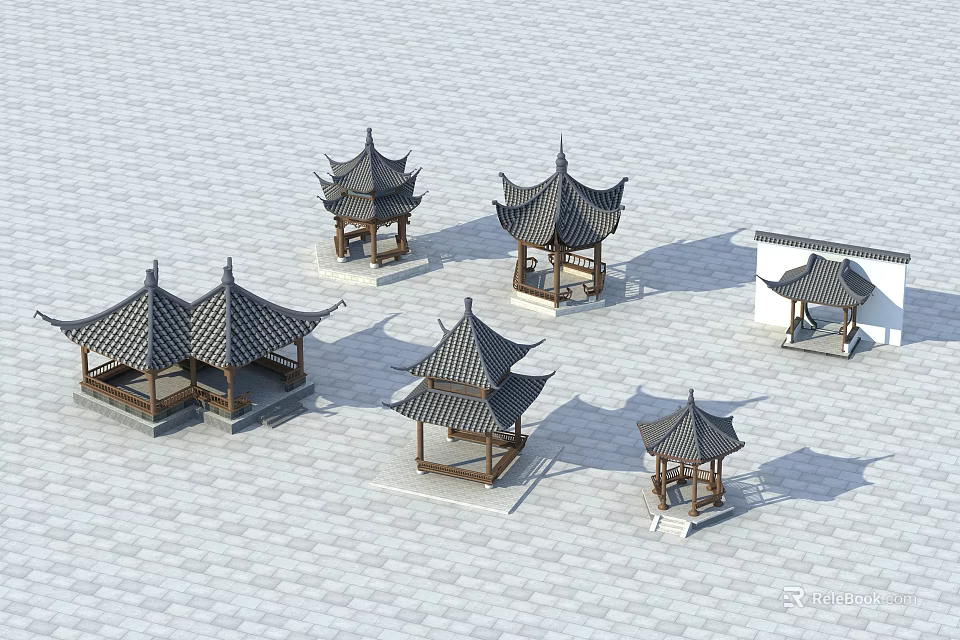 Traditional Chinese Pavilions Featuring Classic Roofs And Wooden Structures In Various Styles 3d model 