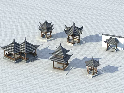 Traditional Chinese Pavilions Featuring Classic Roofs And Wooden Structures In Various Styles 3d model