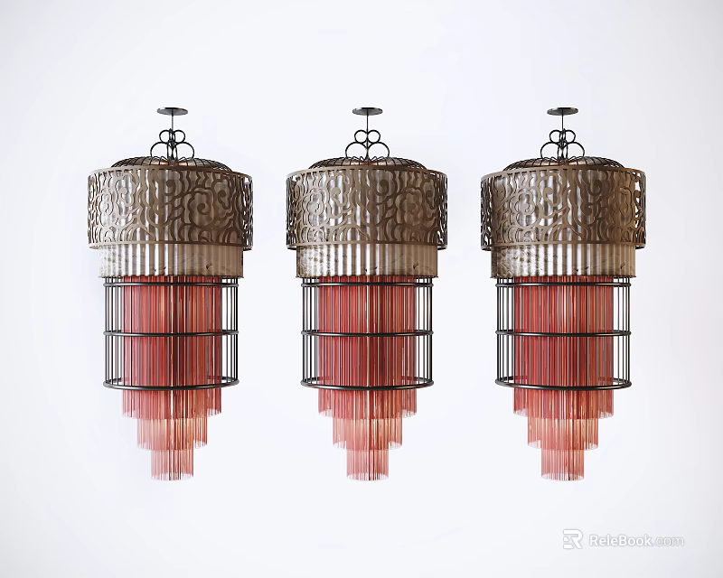 Three Chinese Style Chandeliers With Metal Frame And Carved Red Pendant Decorations 3d model 