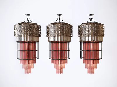 Three Chinese Style Chandeliers With Metal Frame And Carved Red Pendant Decorations 3d model