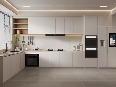 Modern Minimalist Kitchen Interior With White Cabinets Stove Range Hood And Refrigerator 3d model