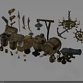 Medieval Weapons Collection With Barrels Swords Anchor And Cannon Decor Items