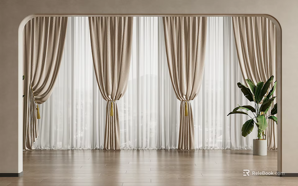 Beige Curtains with Sheer White Panels Gold Tassel Accents Modern Wooden Floor Green Plant 3d model 
