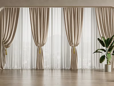 Beige Curtains with Sheer White Panels Gold Tassel Accents Modern Wooden Floor Green Plant 3d model