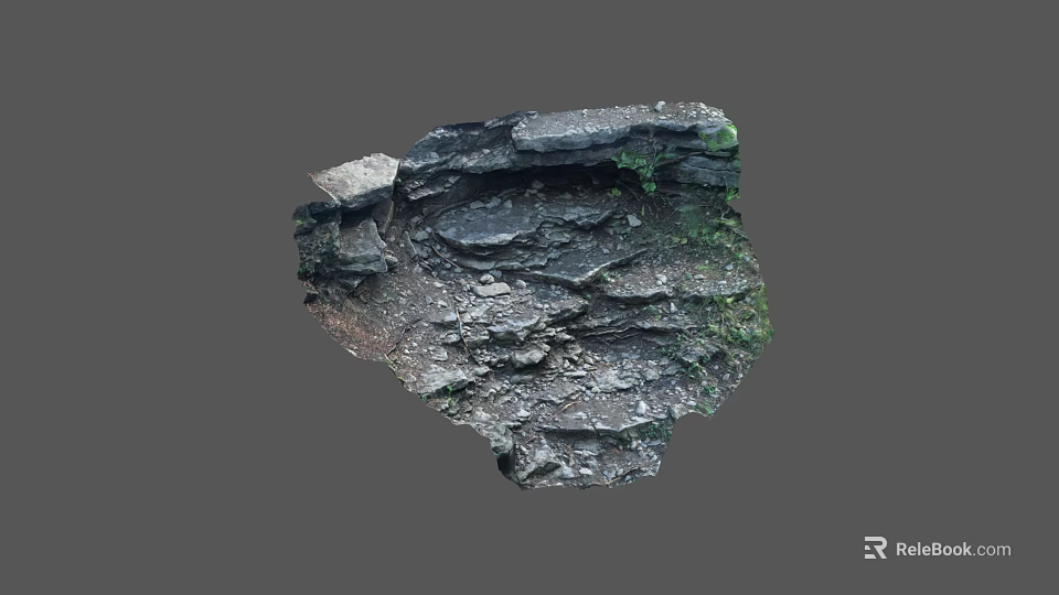 Layered Rock Formation With Green Moss On Gray Background Surface 3d model 