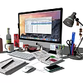 Organized Office Desk Workstation With Computer Keyboard Mouse Notebook And Stationery 3d model
