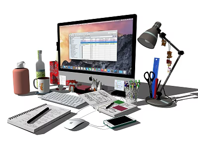 Organized Office Desk Workstation With Computer Keyboard Mouse Notebook And Stationery 3d model