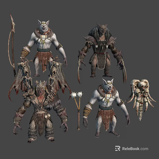 Wolf Headed Humanoid Creature Character Designs With Armor Weapons And Skeletal Decorations 3d model 