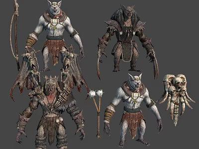 Wolf Headed Humanoid Creature Character Designs With Armor Weapons And Skeletal Decorations 3d model