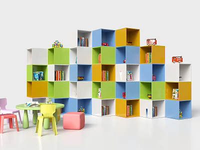 Colorful Storage Shelves With Books And Toys In Kids Playroom Area 3d model