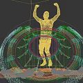 Commercial Equipment With Circular Blue White Lighting Raised Arms Human Figure And Rock Base