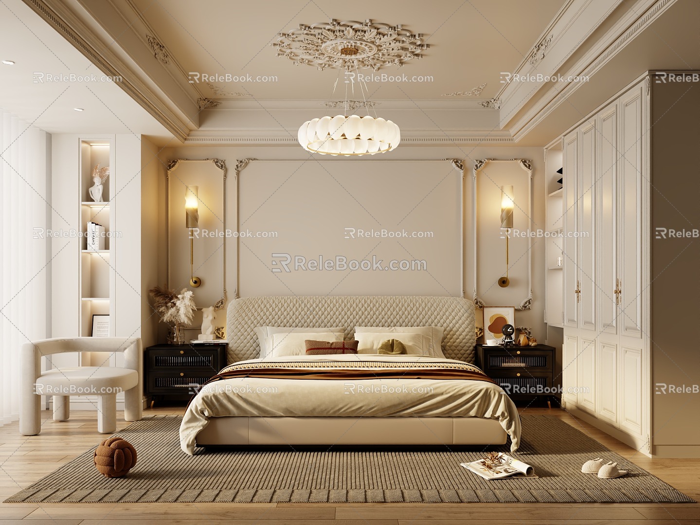 French Bedroom Master Bedroom Double Bed Bedside Cabinet Carpet 3d model