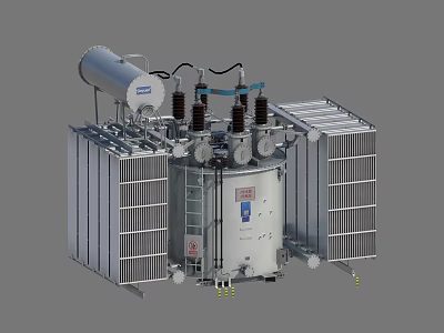 Heavy Duty Industrial Equipment With Metal Structure Cooling Fins And Cylindrical Parts 3d model