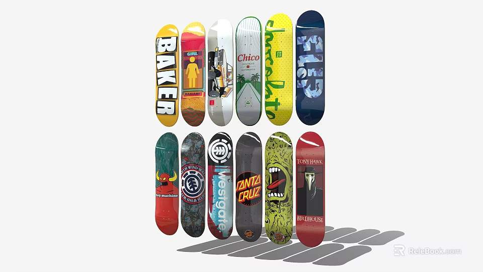 Colorful Skateboards With Various Brand Designs And Graphics As Sports Equipment 3d model 