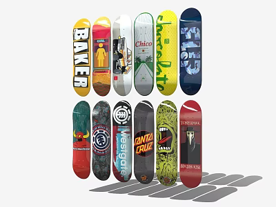 Colorful Skateboards With Various Brand Designs And Graphics As Sports Equipment 3d model