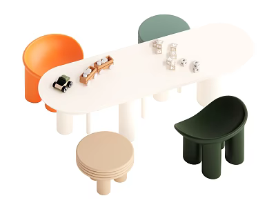 White Kids Table with Colorful Chairs and Toys in Playroom for Children 3d model