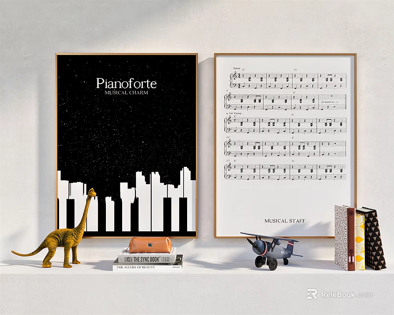 Pianoforte Poster With City Skyline And Framed Musical Sheet Art Dinosaur Toy Model Airplane Books 3d model 