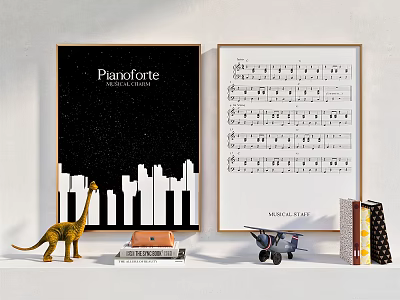 Pianoforte Poster With City Skyline And Framed Musical Sheet Art Dinosaur Toy Model Airplane Books 3d model
