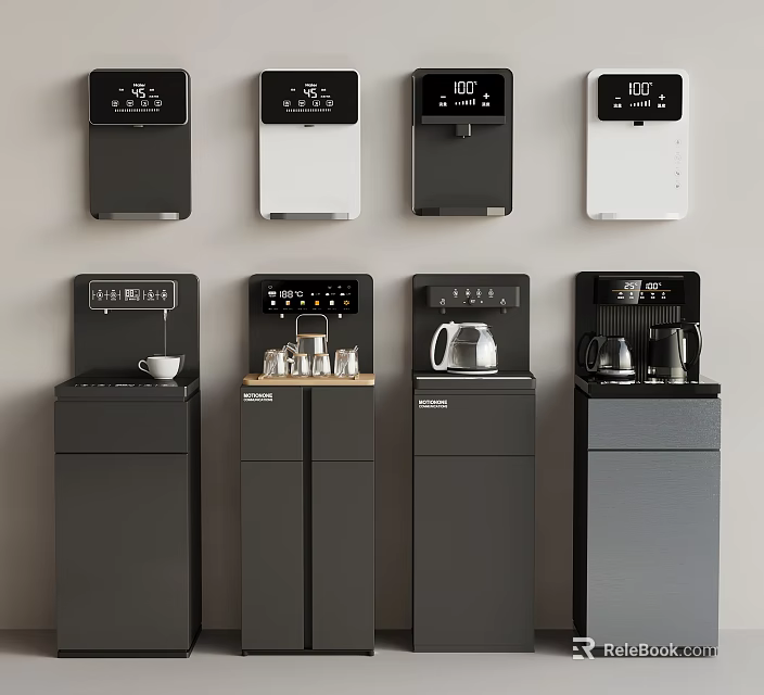 Modern Water Dispensers And Coffee Machines With Digital Displays And Functional Design 3d model 