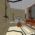 Modern Hotel Bathroom Interior With Glass Shower Bathtub Marble Countertop And Wooden Vanity