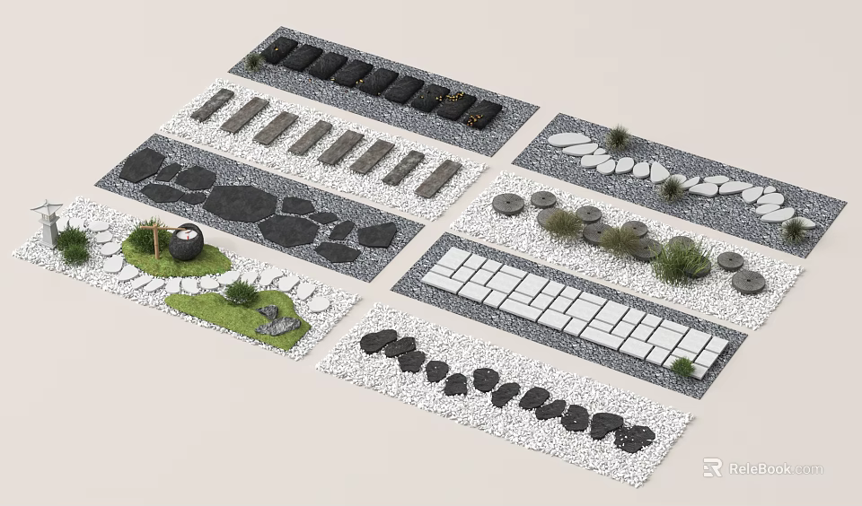 Garden Stepping Stone Path Designs With Various Materials And Small Plants 3d model 
