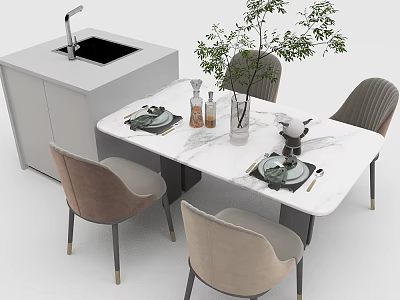 Modern Dining Table Set With Marble Top Beige Upholstered Chairs And Plant Decor 3d model