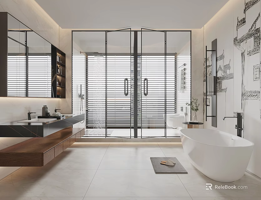 Modern Bathroom Interior Design With Glass Shower White Bathtub And Wooden Vanity 3d model 