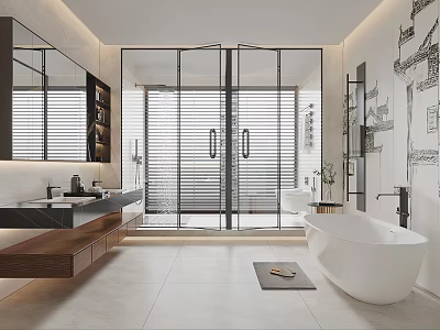 Modern Bathroom Interior Design With Glass Shower White Bathtub And Wooden Vanity 3d model