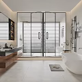 Modern Bathroom Interior Design With Glass Shower White Bathtub And Wooden Vanity
