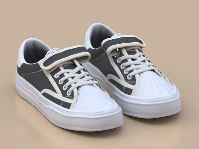 Stylish Casual Sneakers With White Gray Panel Design Velcro Straps Laces And White Soles 3d model
