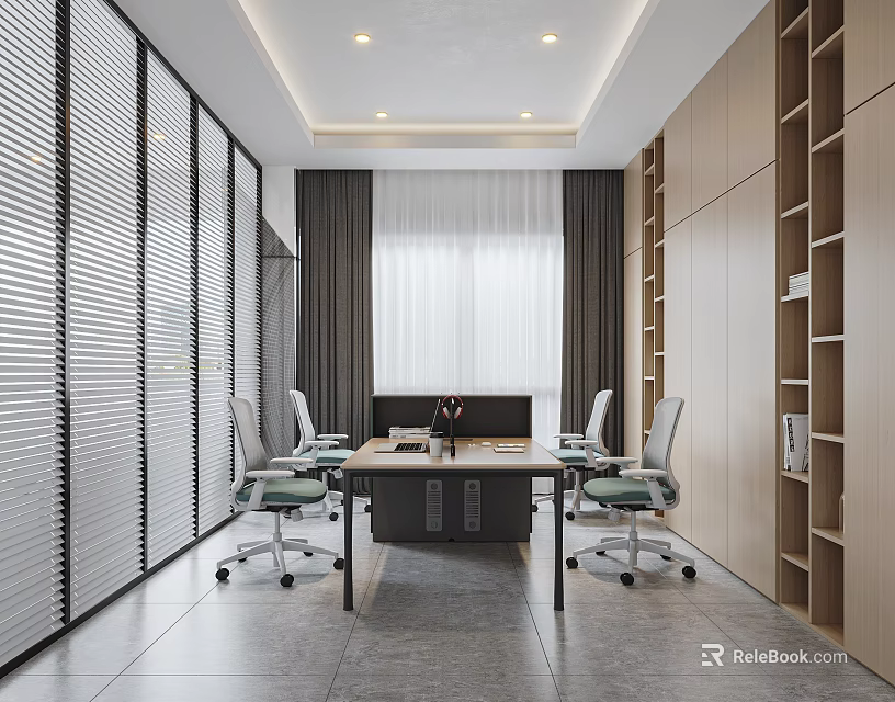 Modern Office Interior With Conference Table Chairs Blinds Shelves And Curtains 3d model 