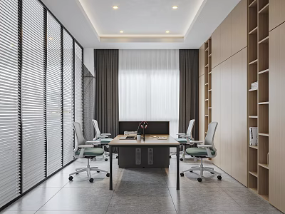 Modern Office Interior With Conference Table Chairs Blinds Shelves And Curtains 3d model