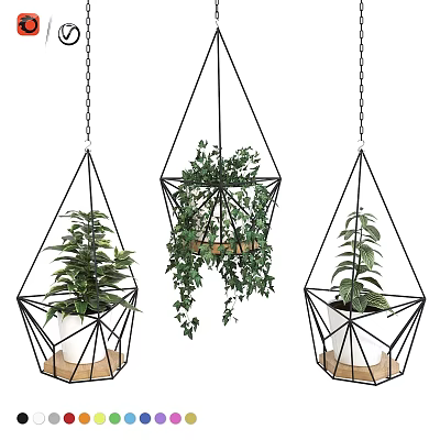Hanging Geometric Metal Frame Planters With Green Plants For Garden Decor 3d model