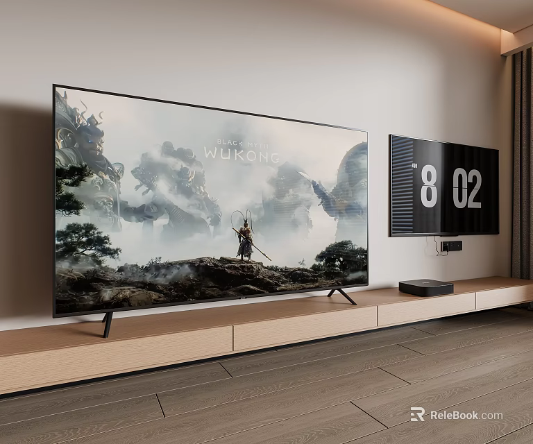 Large Screen TV in Modern Living Room Displaying Wukong with Wooden Stand and Digital Clock 3d model 