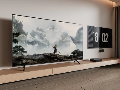 Large Screen TV in Modern Living Room Displaying Wukong with Wooden Stand and Digital Clock 3d model
