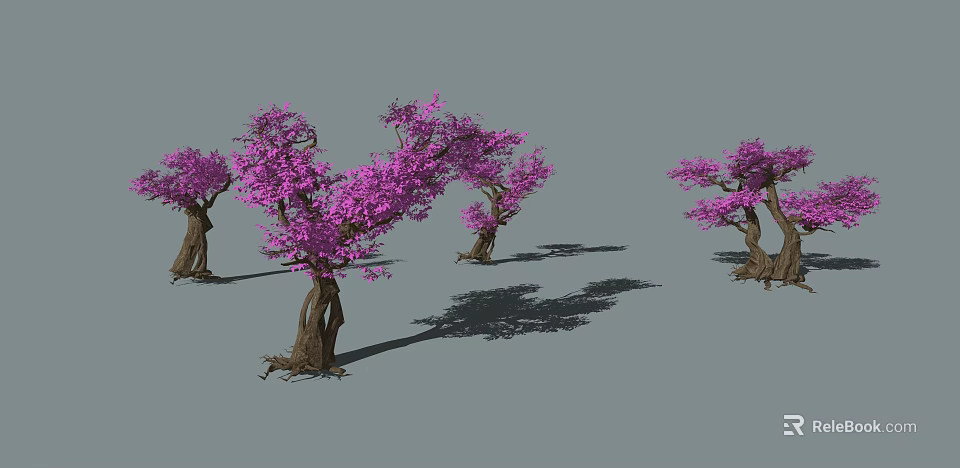 Purple Flowering Bushes With Twisted Trunks And Lush Blossoms On Gray Background 3d model 