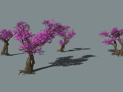 Purple Flowering Bushes With Twisted Trunks And Lush Blossoms On Gray Background 3d model