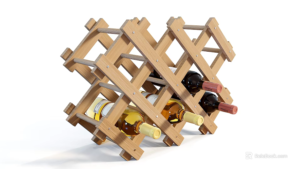 Wooden Wine Rack Holding Different Wine Bottles 3d model