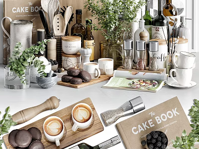 Kitchen Utensils Display With Cake Book Coffee Mugs Cookies Spice Jars And Greenery 3d model