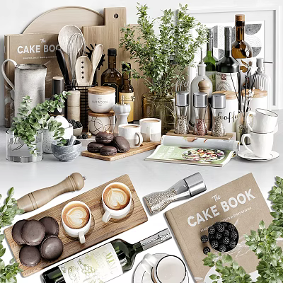 Kitchen Utensils Display With Cake Book Coffee Mugs Cookies Spice Jars And Greenery 3d model