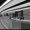 Modern Control Room Featuring Large Screens Data Charts Curved Console Desk and White Chairs