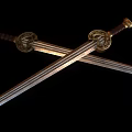 Crossed Decorative Swords With Silver Blades And Red Handles On Black Surface