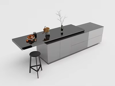 Modern Kitchen Island With Black Countertop Gray Cabinets Stool And Decorative Items Vase 3d model