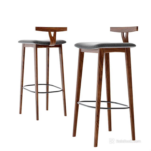 Modern Bar Stools With Wooden Legs Gray Upholstered Seat And Metal Footrest 3d model 