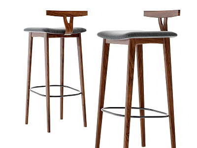 Modern Bar Stools With Wooden Legs Gray Upholstered Seat And Metal Footrest 3d model